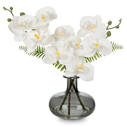 White Orchids Artificial Flowers with Vase, Small Faux Orchid Arrangement Fake Flower in Woven Glass Vase Black and White Decor Small White Centerpieces for Kitchen Dining Room Tables Bathroom Decor - color: White Orchid /Large Black Vase