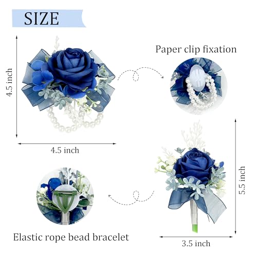 Corsage Wristlet and Boutonniere Set Blue Wrist Corsage Double Pearl Bracelets Blue Pocket Boutonniere for Men Wedding Prom Party Suit Decor (2 Pack) - color: Blue Corsage - Double-cain