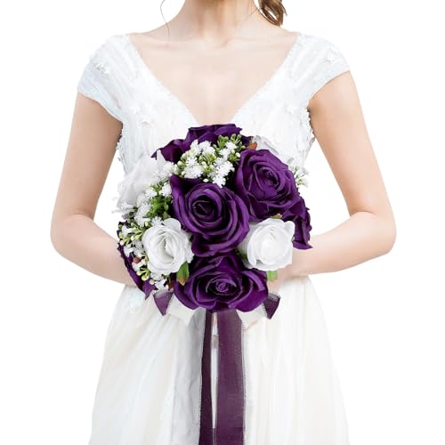 Wedding Bouquet for Bride - Premade Simple Artificial Roses Flowers for Bridal Shower Destination Ceremony Anniversary Decorations - Deep Purple & White - color: Deep Purple & White