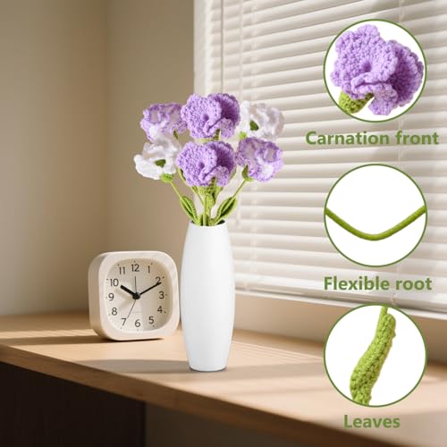 6Pcs Handmade Carnation Crochet Flower Bouquet, Completed Carnations Artificial Flower, Carnation Flower Wedding Bouquet (Purple) - color: Purple