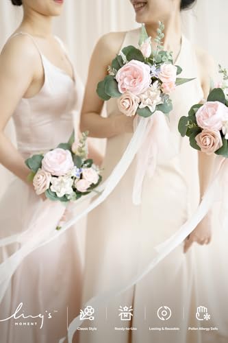 Ling's moment Artificial Bridesmaid Bouquets Set of 6,Pink Wedding Flower Bouquets Blush Floral Bouquet Bridal Bouquets with Ribbon Ceremony,Anniversary，7-inch Diameter - color: Pk-blush & Cream