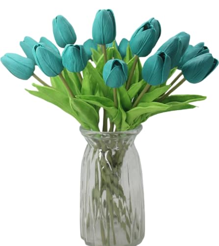 Artificial Flowers 10 Heads Mini Real Touch Artificial Tulip for Home Wedding Party Centerpiece Decoration (Dark Teal) - color: Dark Teal