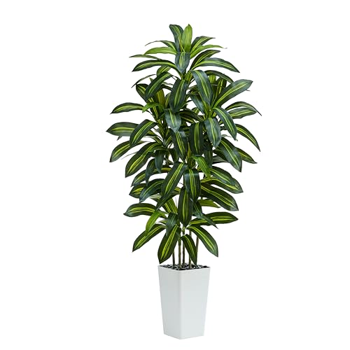Artificial Dracaena Tree：6FT Faux Silk Tropical Yucca Floor Trees Realistic Fake Green Plant with Natural Wood Trunk & Lifelike Leaves for Home Office Decor Indoor & Outdoor (6FT,1-Pack,White) - color: Dark Green – White Pot, size: 6FT