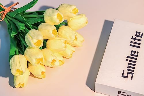 SITUMEIZI 15pcs Fake Tulips Artificial Flowers Real Touch Beige 14" PU Flower for Home Kitchen Decor Spring Easter Wedding Bouquet Decorations Office Floral Arrangements - color: Beige