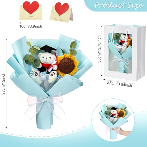 Graduation Crochet Flower Bouquet Set Includes Stuffed Bear Knitted Sunflower Daisy Eucalyptus Greeting Card Gift Bag 2026 Blue Flower Bouquet Graduation Gift - color: Blue, style: Stuffed Bear and Sunflowers