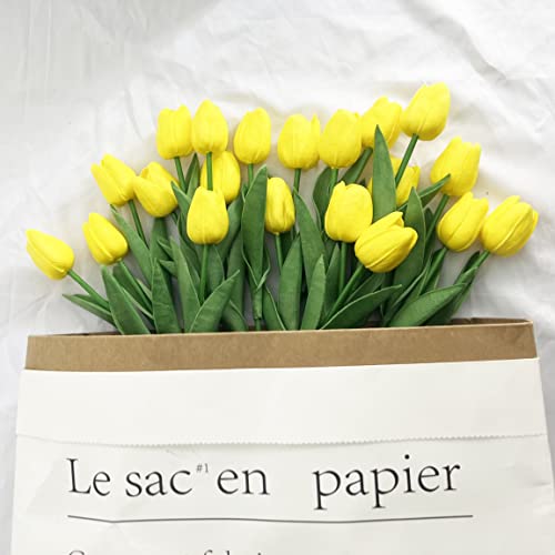 20pcs Artificial Tulips Flowers Fake Faux PU Tulip Bouquet Real Touch Flower Arrangement for Home Room Office Party Wedding Decoration Excellent Gift Idea for Mothers Day (Yellow) - color: Yellow 20