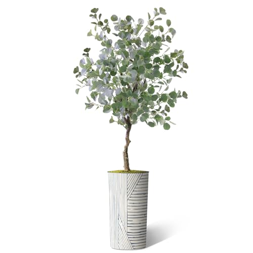 Artificial Tree in Geometric Pattern Planter, Fake Eucalyptus Silk Tree for Indoor and Outdoor Home Decoration - 66" Overall Tall (Plant Pot Plus Tree) - style: Eucalyptus Tree