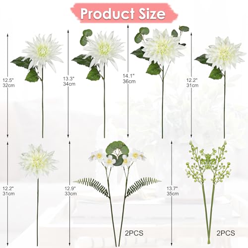 GnFlus Artificial Dahlia Flower Stems 9PCS White Faux Dahlia & Daisy Silk Flowers Realistic Fake Flowers for Vase Centerpiece Wedding DIY Bridal Bouquet Party Home Decor - color: Dahlia, White, size: 1 Pack