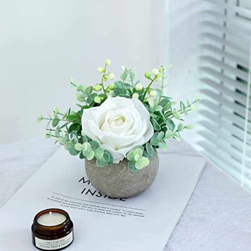 Small Artificial White Rose Potted Plant, 6" Fake Silk Flowers in 3.5" Round Pot, Mini Faux Floral Arrangement for Desk Shelf Bathroom Decor - color: White