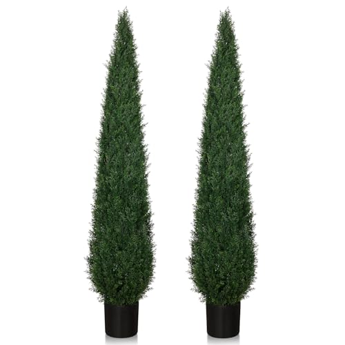 Artificial Cedar Topiary Trees, 6FT Topiary Trees Artificial Outdoor UV Resistant, Realistic Potted Fake Pine Plants Shrubs for Front Porch Home Garden Decor, Set of 2 - size: 6FT (71inch)