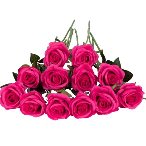 Laelfe 12 PCS Artificial Flowers Hot Pink Roses Silk Flowers Fake Long Stem Artificial Fuchsia Roses for Home Wedding Bathroom Kitchen Decorations (Hot Pink) - color: Hotpink