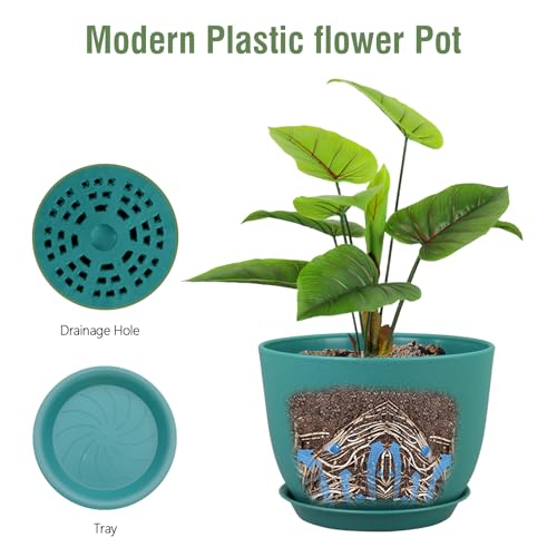 Meowell Plant Pots 12 inch, Plastic Planters with Drainage Holes and Saucers, Large Flower Pots for Indoor Outdoor Plants, Modern Decorative Pots for Garden House Plants, Blue Green - color: Blue Green, size: 12inch C
