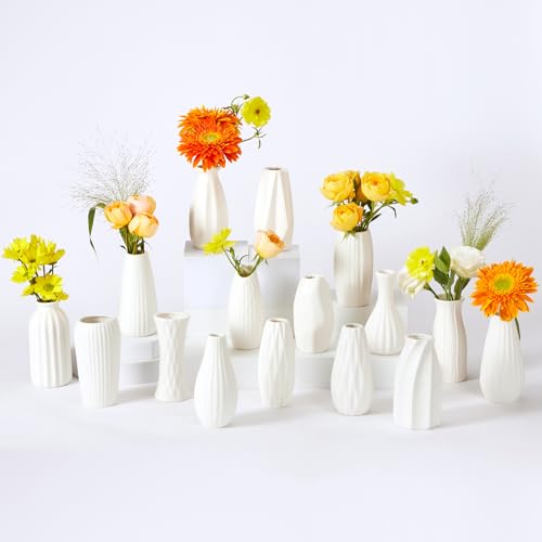 16packs Small White Ceramic Vases - Mini Flower Vases for Centerpieces, Boho Home Decor, White Bud Vase Set for Weddings Table Decor, Pampas Grass - color: White-set of 16