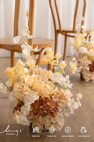 Ling's moment 17.5" Tall Standing Artificial Flowers Arrangements 2 pcs Wedding Aisle Runner Chair Decorations Earth Brown & Butter Yellow Centerpieces for Ceremony Reception Rose Floral Party Outdoor - color: Brn- Earth Brown & Butter Yellow