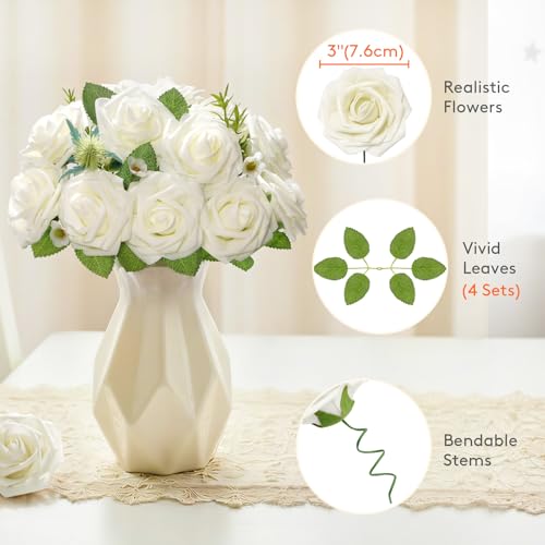 Lifewit Artificial Flowers, 25 Pcs Ivory Foam Real Looking Roses with Stems, Fake Roses for DIY Wedding Bouquets, Centerpieces Arrangements, Valentine Decorations - color: Ivory