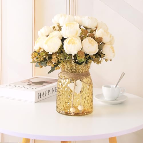 Faux Flowers in Vase,Fake Flowers in Vase 21 Pcs Faux Peony Flowers,Artificial Flowers for Home Decor, Indoor Centerpiece for Living Room & Dining Table (White) - color: White Peony