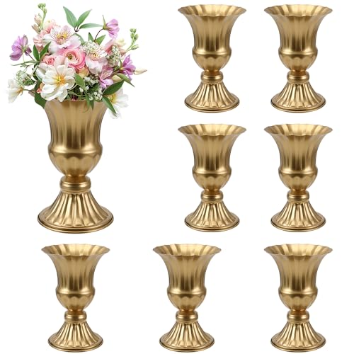 MCMCNCUIU Gold Vases for Centerpieces Set of 8, Urn Vases for Flowers, Vintage Pedestal Vase for Wedding Centerpieces, Metal Trumpet Vase for Wedding Table, Party, Home, Anniversary Decoration - color: Gold, size: Tall Urn-8Pcs