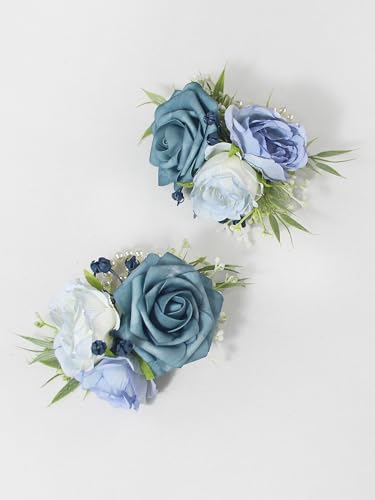Rinlong 2Pcs Dusty Blue Wrist Corsage for Wedding, Prom, Homecoming | Bridesmaid, Mother of the Bride Corsage - color: 19-dusty Blue