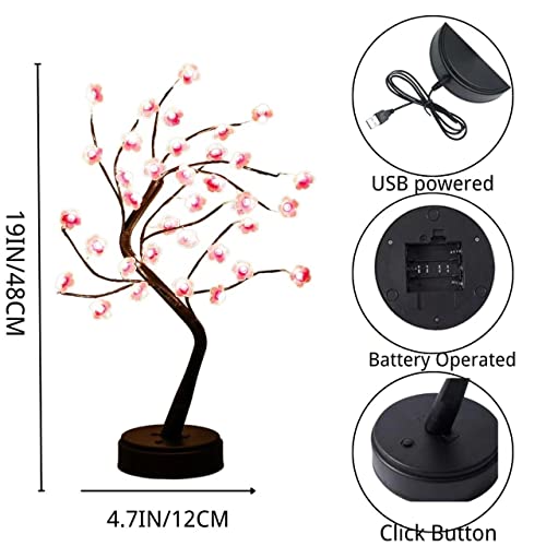 Cherry Blossom Tree Lamp, 18inch 36 Led Bonsai Tree Lights, Battery/USB Operated Japanese Decor Night Lights for Teacher Appreciation Graduation Back to School Bedroom Home Gift Idea,Warm White - size: 1ft 3in