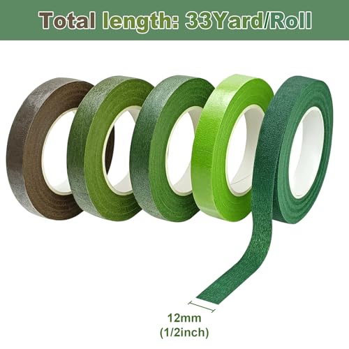 5 Roll Floral Tape, 1/2 Inch 30 Yard Florist Tape, Flower Wrap Tape for Fresh Flowers Artificial Flowers Arrangements Crafts, Wedding Bouquet Florist Supplies