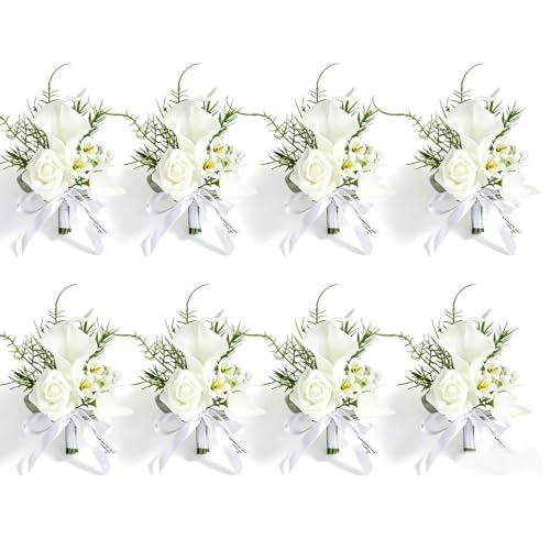 Artificial Calla Lily Wedding Boutonniere Groom and Groomsmen Buttonholes Flower with Pins Prom Party Suit Decoration Anniversary Accessories for Man (White,8) - color: White