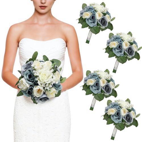 Set of 4 Bridesmaid Bouquets, 11 Inch Wedding Bouquets for Bridesmaids Artificial Flower Bouquets for Wedding Ceremony Bridal Shower Decorations - Dusty Blue & White - color: Dusty Blue & White, size: Set of 4 Bouquets