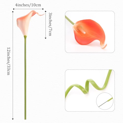 Artificial Calla Lily 12Pcs Coral Real Touch Faux Flowers for Wedding Bouquet, Bride Bridal Shower, Spring Home Kitchen Table Decor, Fake Lilies for Centerpieces, Party Decorations - color: Coral