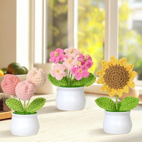 Weldomcor Crochet Flower Cute Potted Plants Fake Knitted Sunflower Tulips Mini Flowers Pot for Desk Office Car Dashboard Window Home Decor, Gift for Teachers Mother Day Valentines Anniversary Birthday - color: Sunflower+tulip+myosotis