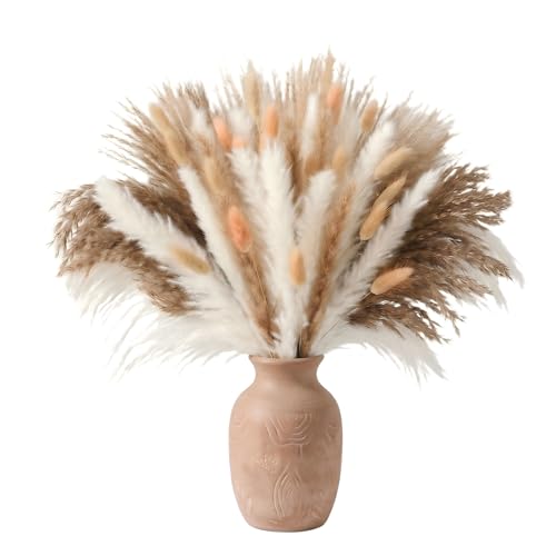 17 Inch Brown & White Dried Pampas Grass Bouquet, Bunny Tails and Reed Grass for Boho Rustic Wedding Decor, Living Room, Bedroom Styling and Holiday Decor - color: 61pc Pampas Gress