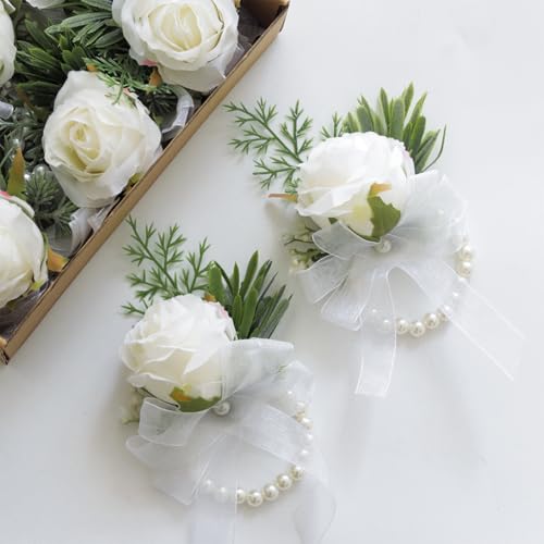 Floroom Set of 6 Ivory Rose Wrist Corsage Wristlet Band Bracelet for Women Bride Bridesmaid White Wedding Prom - color: 6 Wrist Corsages