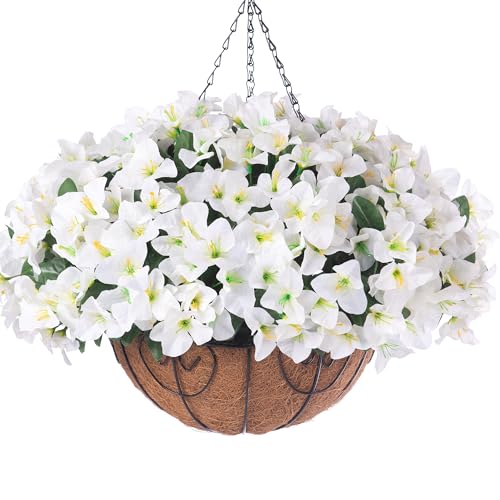 Artificial Hanging Flowers Faux Plants Basket for Outdoors Spring Summer Decor, Fake Silk Bougainvillea in Planter Outdoor Look Real UV Resistant Faux Flower for Outside Porch Patio Garden Home, White - color: White-new