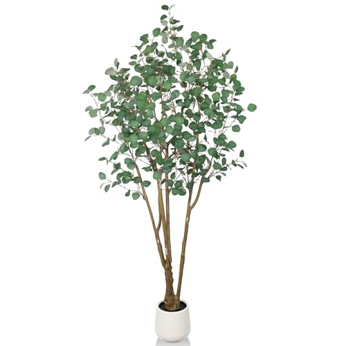 Artificial Eucalyptus Trees with White Planter, 7 FT Faux Eucalyptus Plants Indoor Tall Fake Floor Trees with Silk Leaves and Thick Trunk for Living Room Bedroom Corner Home Office Decoration - size: 7ft