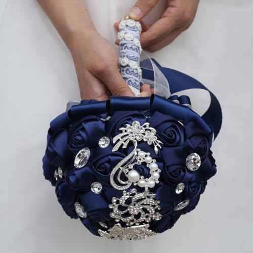 Wedding Bouquets Crystal Satin Rose Bride Bridal Bouquet Romantic Bridesmaid Holding Flower for Valentine's Day Confession Party Church Decor (Navy) - color: Navy