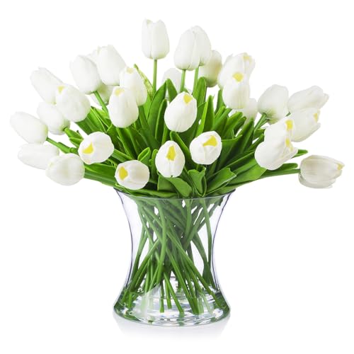 Real Touch Artificial Tulips with Glass Vase and Acrylic Water, 40 Pcs Fake Tulip Flowers Bouquet for Home Office Decor, Silk Flowers Arrangements for Dining Table Wedding Centerpiece (White) - color: White
