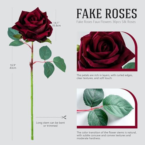 Ttranewsoo Fake Roses Faux Flowers Silk Roses Artificial Roses with Stems Realistic Artificial Flowers Suitable for Indoor Home Decoration Diy Bouquet Wedding Decor Party Decor 36PCS(16.5In,Black red) - color: Black Red 36pcs