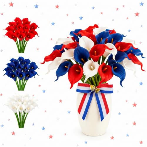 Hoteam 36 Pcs 4th of July Artificial Flowers Red White and Blue Decoration 250th Anniversary Patriotic Calla Lily Picks Decorations Independence Day Memorial Day Table Decor (Red,White,Blue) - color: Red,white,blue