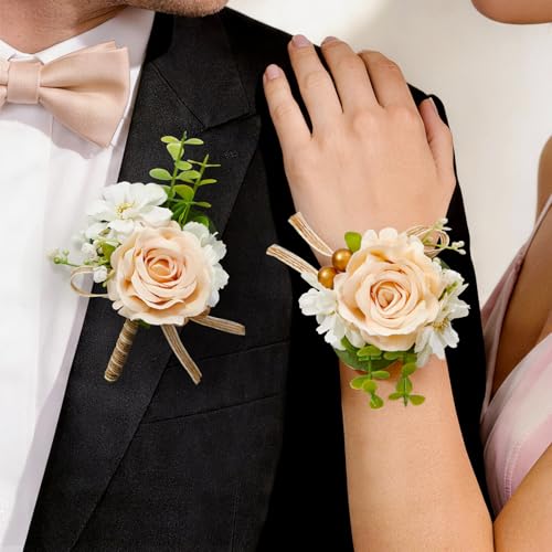 Serwalin Champagne Corsage and Boutonniere Set, Prom Flower Wrist Corsage Bracelets, Homecoming Roses Corsage Wristlet and Men Boutonniere for Wedding Flowers Accessories Prom Suit Decorations - color: Champagne, size: 1 Boutonniere & 1 Wrist Corsage - 2p