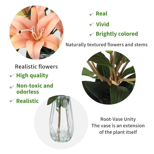 6 Pcs Artificial Lily Flowers with Glass Vase, 19.7" Faux Stargazer Lily Stems with 2 Blooms and 1 Bud Each, Faux Tiger Bouquets for Home, Hotel, Party Flower Arrangement Decor (Champagne) - color: Champagne, size: Lily