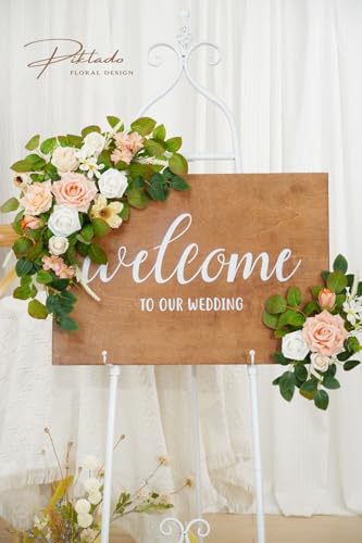 Wedding Decor (Pack of 2) Welcome Sign Flower Backdrop Garland for Ceremony Reception Wall Easel Home Decoration Entryway Faux Outdoor Board Head Table Decor (Flesh Pink & White) - color: Flesh Pink & White