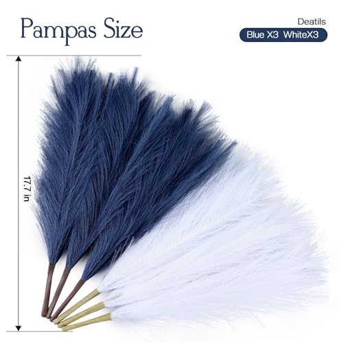 Ureymx Faux Pampas Grass Decor 17.7 Inch 6pcs, Artificial Pompas Grass Bulk Artificial Dried Flower Small Vase Filler for Boho Home Wedding Decoration (Blue/White) - color: Blue/White, size: 17 Inch 6 Pcs