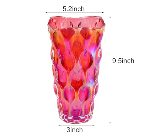 9.5" High Thickened Red Glass Flower Vase for Home Decor, Dining Wedding Table Office Holiday Party Centerpiece Decoration - color: Red-waterdrop Style