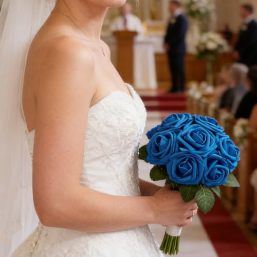 16 Pcs Blue Roses Artificial Flowers | Foam Roses with Stems, Blue Fake Flowers for DIY Wedding Bouquets, Centerpieces, Home Decor - color: Royal Blue
