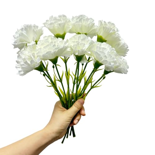 Rikyo 11 Inch Bouquets 10 Stem White Carnations,Outdoor UV Resistant No Fade Artificial Flower,Mini Carnation Silk Petals Fake Flowers Forever Plants for Home Party and Wedding Decor - color: White
