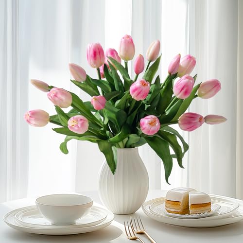 Bailikang 20PCS Fake Tulips Artificial Tulip Silk Flowers Fake PU Bouquet Artificial Flowers Faux Flowers with Gift Box Soft Faux Tulips Bouquets Arrangements for Party Wedding Home - color: Pink+light Pink