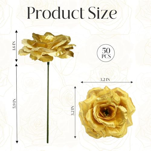 Rose Artificial Flowers, 50Pcs Gold Roses Head Flowers Bulk with Stem, 3 Inches Silk Rose Fake Flower Head for Wedding Party Home Decor DIY Baby Shower Centerpieces Tables Decoration(Gold) - color: Gold