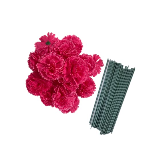 50 Artificial Silk Carnation Flower Head with Stems Set,Vase Fillers for Home Decor Bridal Wedding Party Birthday Cake Ornaments, Wrist Corsage,3" Multiple Petals Heads (Rose Red) - color: Rose Red
