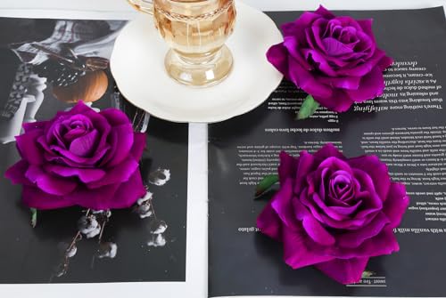 Artificial Roses Purple Silk Flowers 4.3" Purple Velvet Roses Artificial Flowers 16PCS Real Lookong Faux Flowers with Stems for DIY Wedding Party Baby Shower Home Decoration(Purple) - color: 4.3" Purple