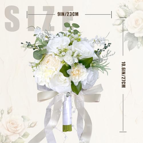 9 Inch Ivory White Wedding Bouquets for Bride Bridesmaid Champagne Rose Bridal Bouquet Artificial Fake Silk Cream Flowers Pearl Chains French Vintage Boho Rustic Church Decoration Toss Bouquet Prom - color: Ivory White