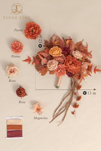 TINGE TIME 13 inch Maple Red Wedding Bouquets for Bride, Bridal Bouquet for Bride, Artificial Silk Rose for Graduation Bouquet, Fake Flowers for Fall Wedding Ceremony and Anniversary - color: Maple Red