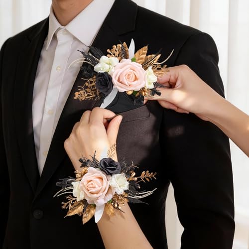 Serwalin 2Pcs Corsage and Boutonniere Set,Black Gold and Champagne Rose Corsage Wristlet and Pocket Boutonniere for Prom Wedding Homecoming Anniversary Graduation - color: Black and Champagne